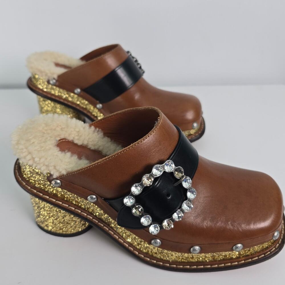 Coach Clog Slide Glitter Heel Brown Leather Shearling Insole Swarovski Crystal 7 - Picture 6 of 13